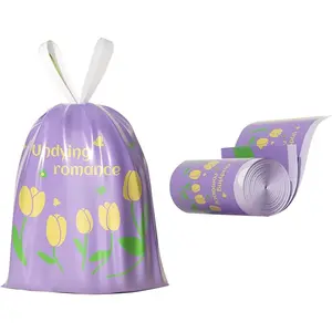 50pcs 4 Gallon Trash Bags Drawstring Tear-Free Separated Plastic Can Liner  Bathroom Office Home Bedroom Small Garbage Basket Bags (purple tulip, 50Counts)