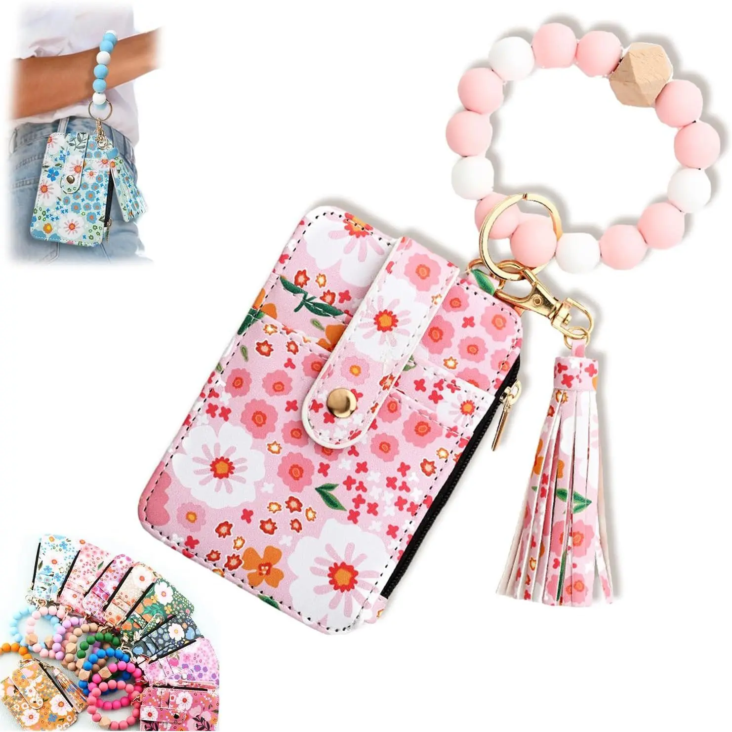 Womens Boho Beaded Wallet Keychain, Wristlet Keychain Card Holder Small Purse Gifts for Women,Flower Keychain Wristlet Wallets for Women Cute Silicone Beaded Credit Card Holder Key Ring Bracelet Wallet