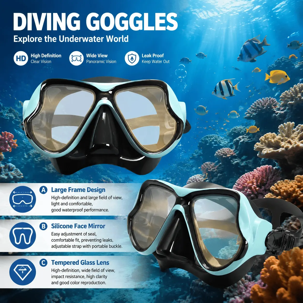 Professional Snorkeling Set with Anti-Fog Dive Mask & Breathing Tube, Soft Silicone Adult Unisex Swim Goggles, Wide Vision Leakproof Design for Freediving, Swimming, and Underwater Adventure Gear.