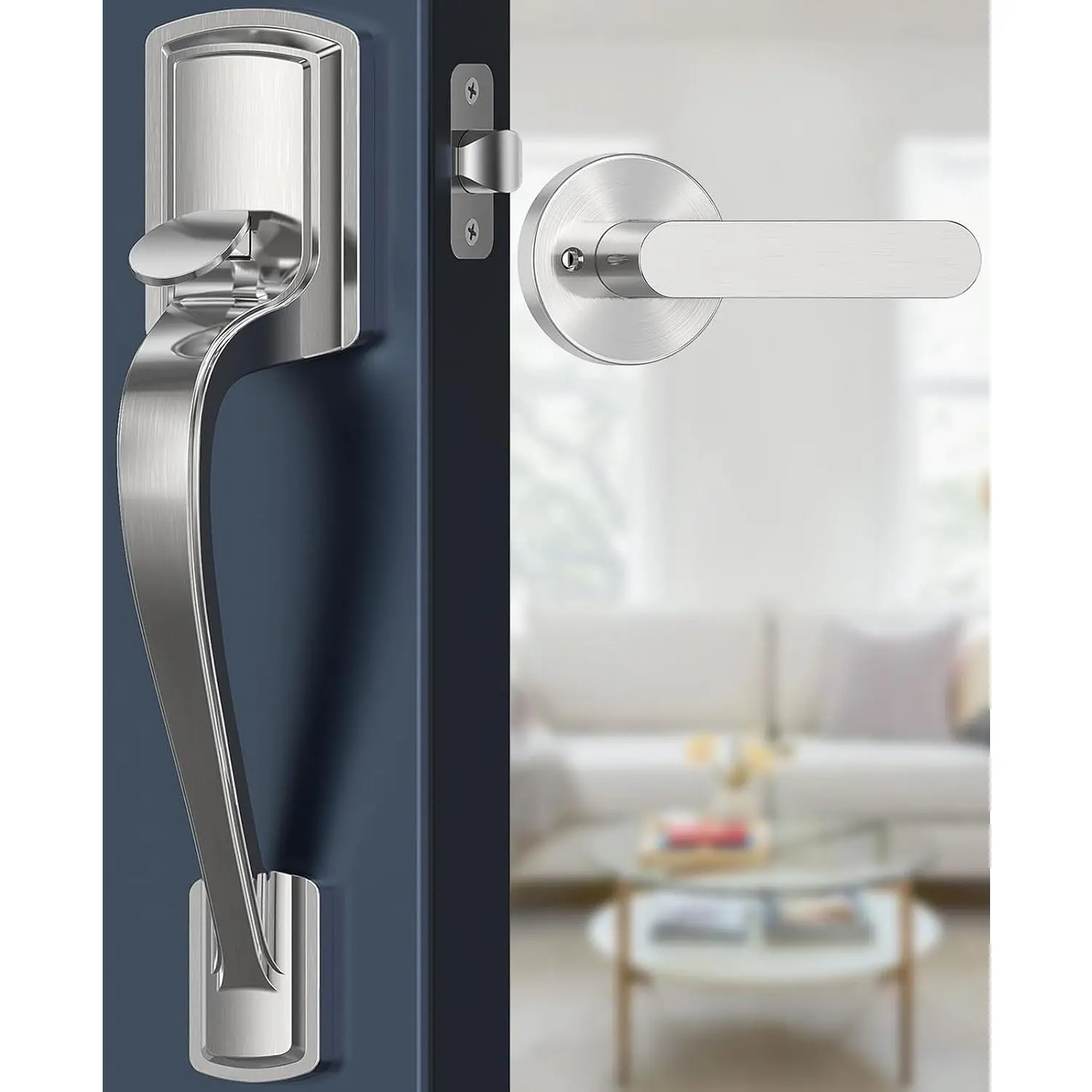 Nickel Front Door Handle No Lock, Heavy Duty Front Door Lock Set | Brushed Exterior Door Handle No Lock for Every Deadbolt, Zinc Exterior Door Lock, Entry Handleset, Easy Install,