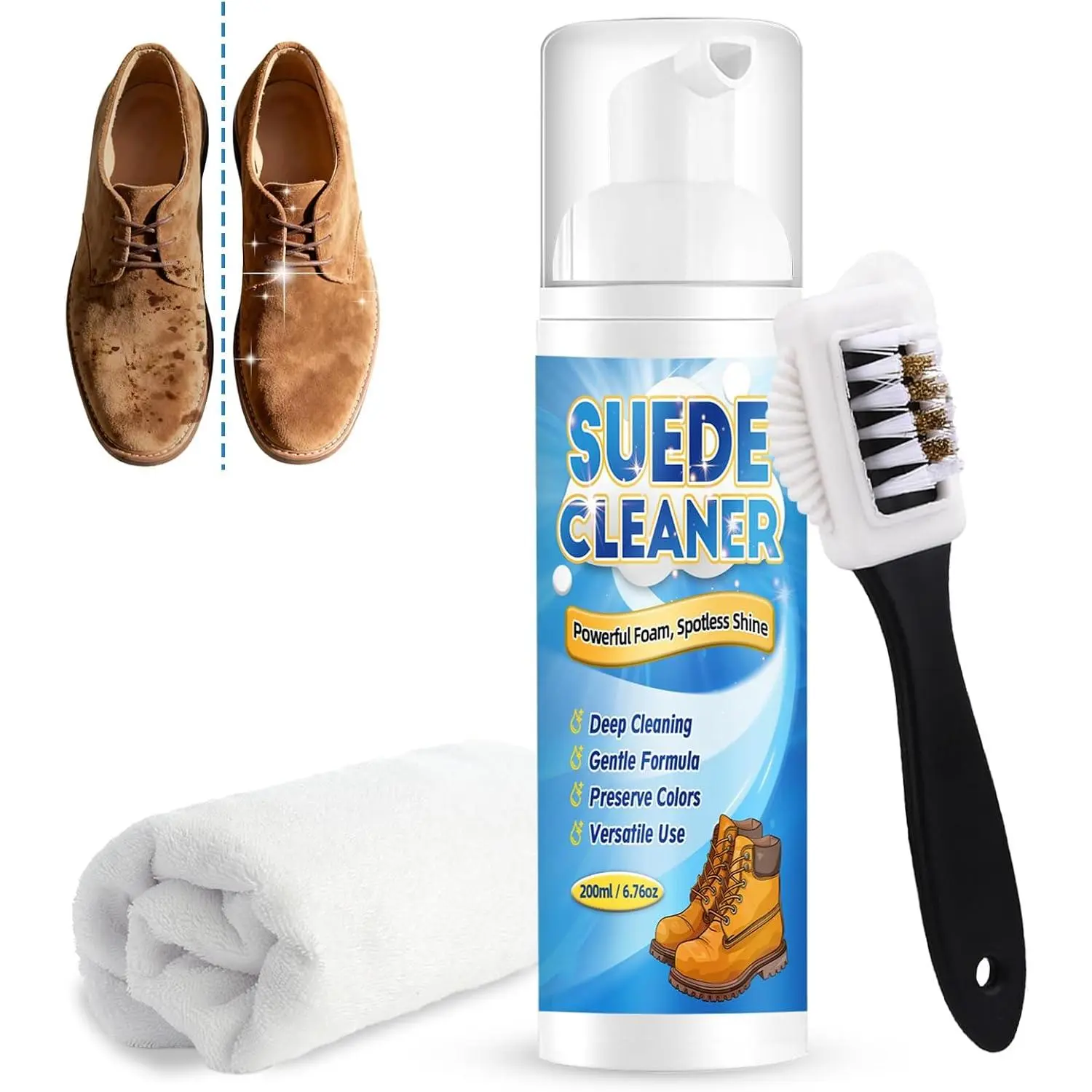 Suede Cleaner Kit, 6.76oz No-Rinse Suede and Nubuck Shoe Cleaner with Brush & Towel, Removes Dirt and Stains