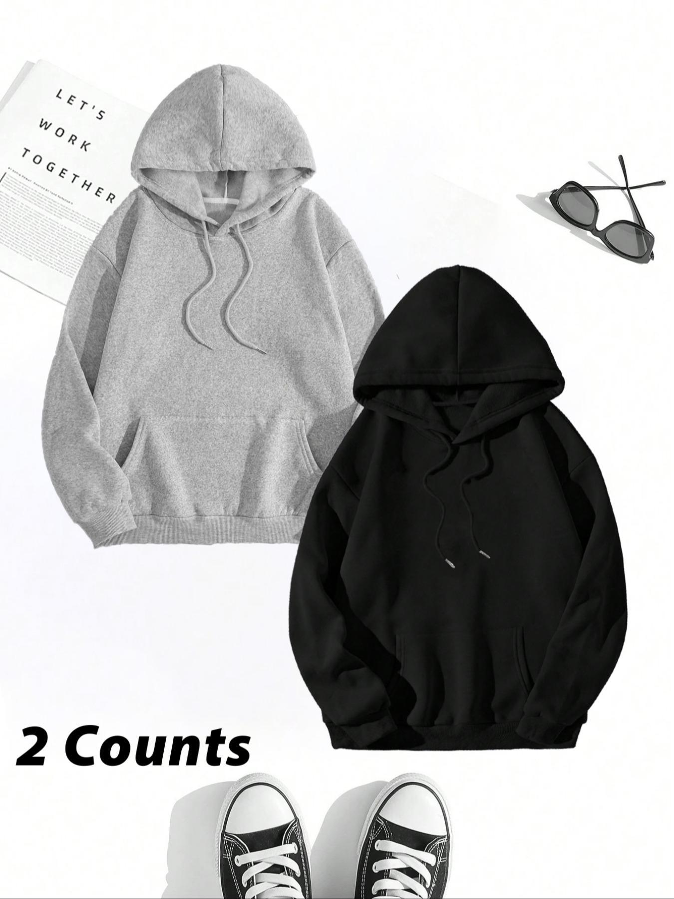 Women's Solid Color Drawstring Pocket Hoodie, Casual Minimalist Loose Basic Knit Long Sleeve Hooded Sweatshirt for Fall & Winter, Women's Clothes for Daily Wear, Womenswear