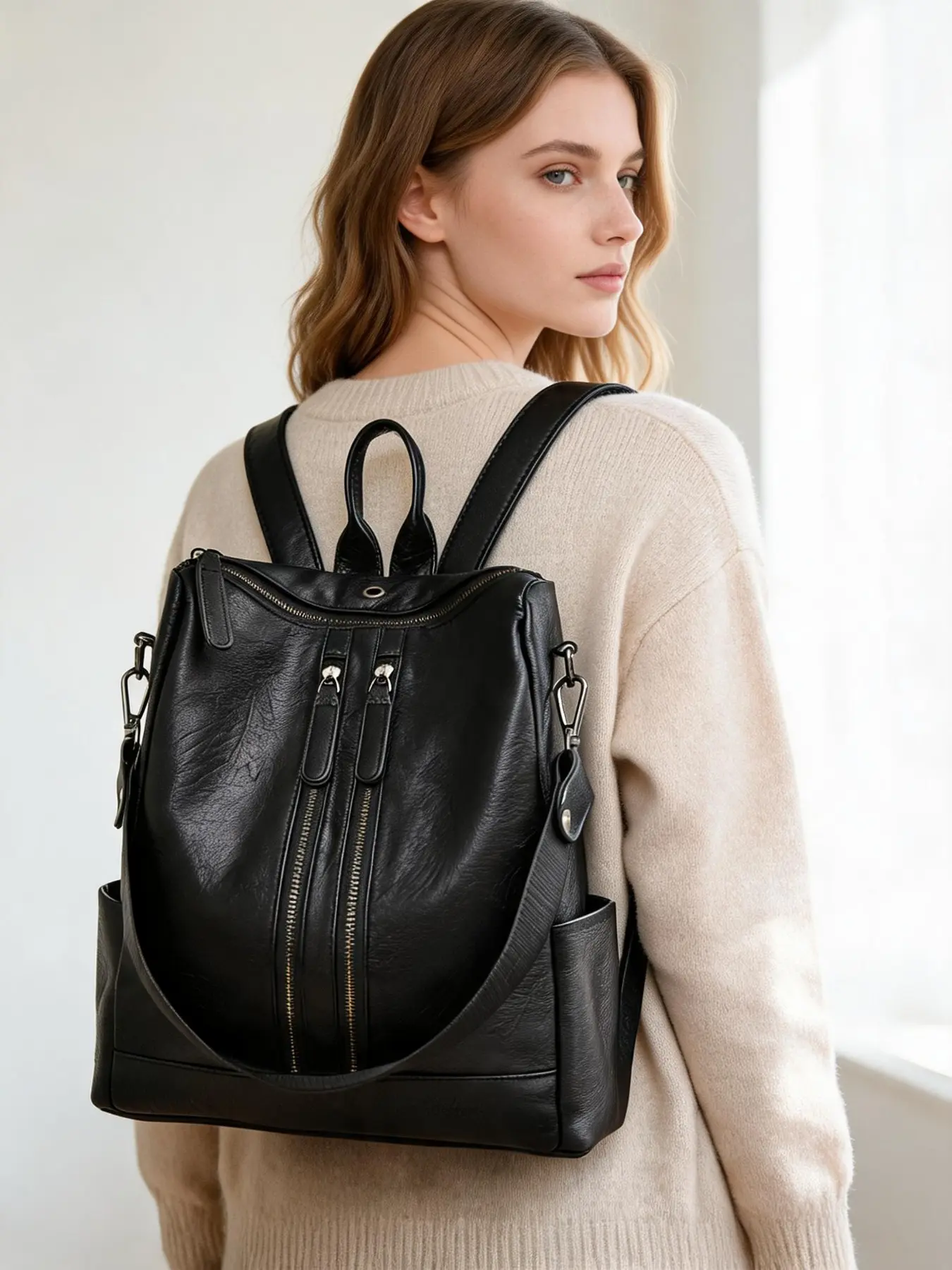 Women’s Soft Leather Anti Theft Backpack | Large Capacity Double Zipper Convertible | Shoulder Bag Crossbody for Daily Commute Dating Travel