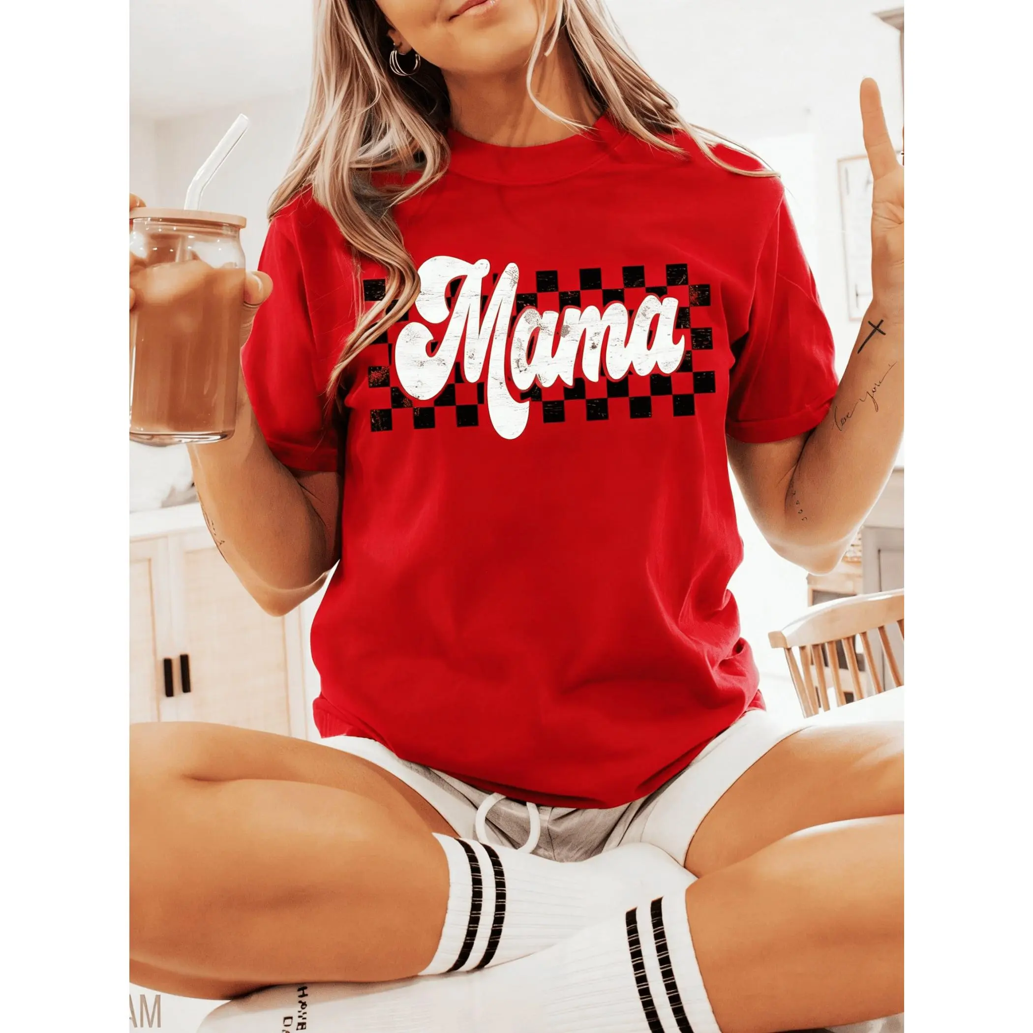 Women's Mama Checkered Graphic T-Shirt, Casual 100% Cotton Short Sleeve Tee, Soft Regular Fit Top for Mom Life & Daily Wear