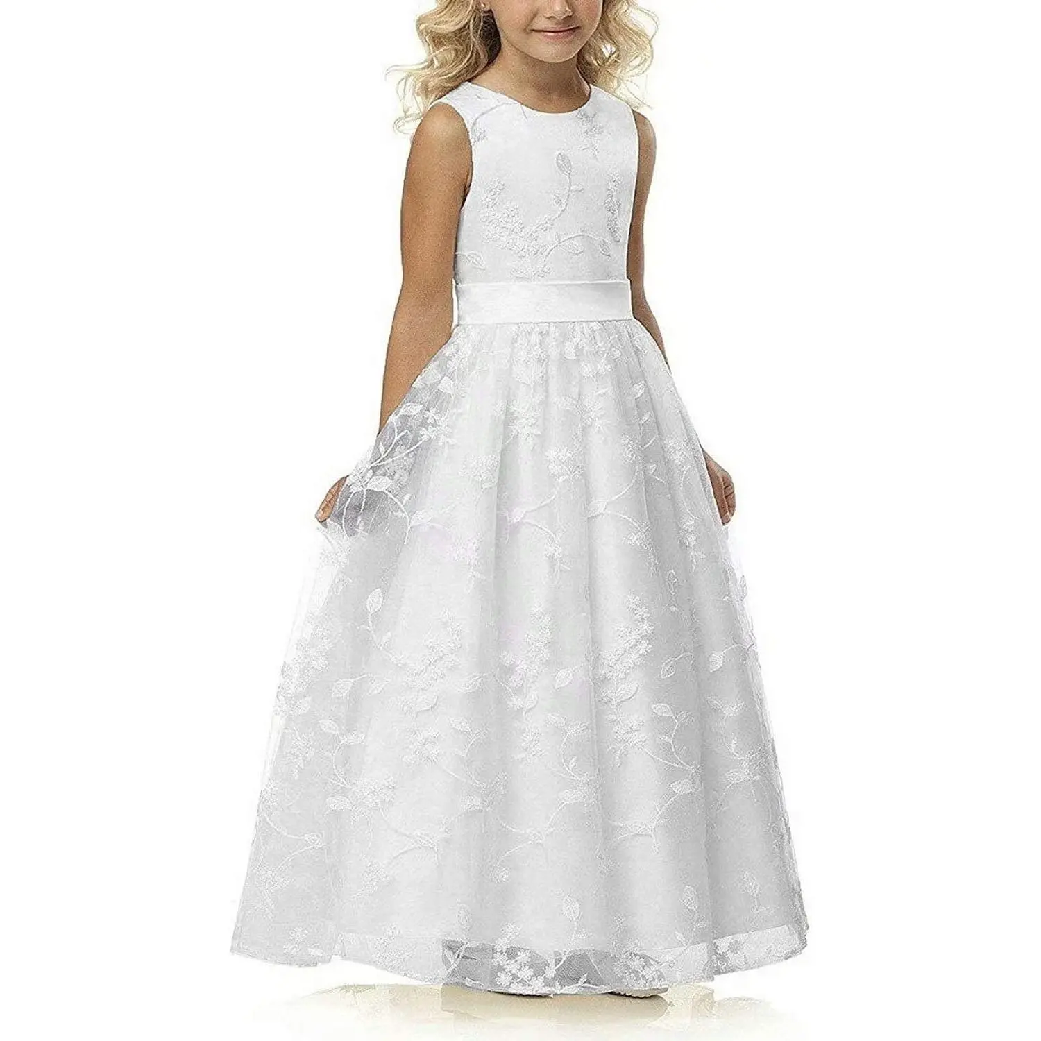 Lace A-Line Flower Girl Dress, Sleeveless Floral Embroidery with Hidden Zipper for Kids Wedding, Communion, Pageant & Formal Events.(Gift)
