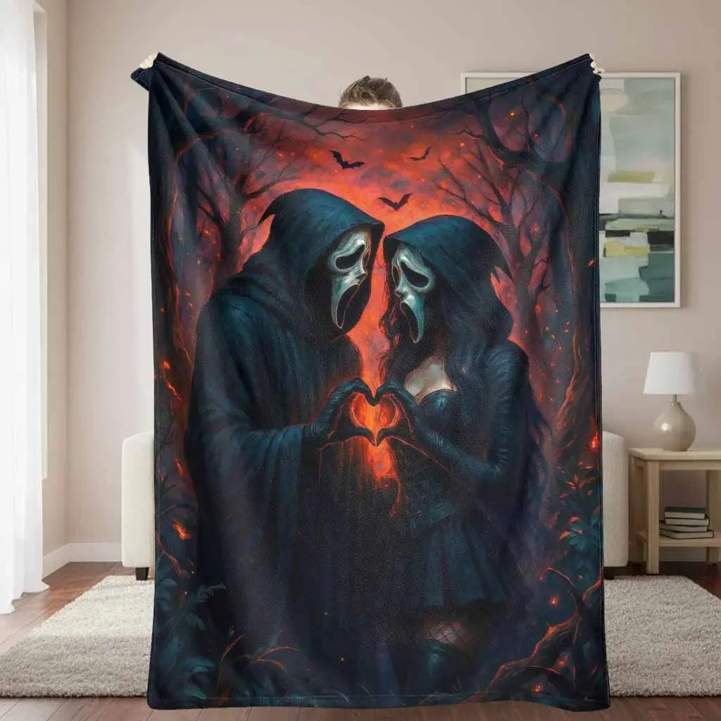 Hooded Lovers Flannel Blanket, Gothic Romance Print, cooling blankets, cooling blanket, Soft Cozy Lightweight All Season Body-Warming Dark Decorative Blanket, bedding, bed accessories for Sofa, Bedroom, Anniversary Gift
