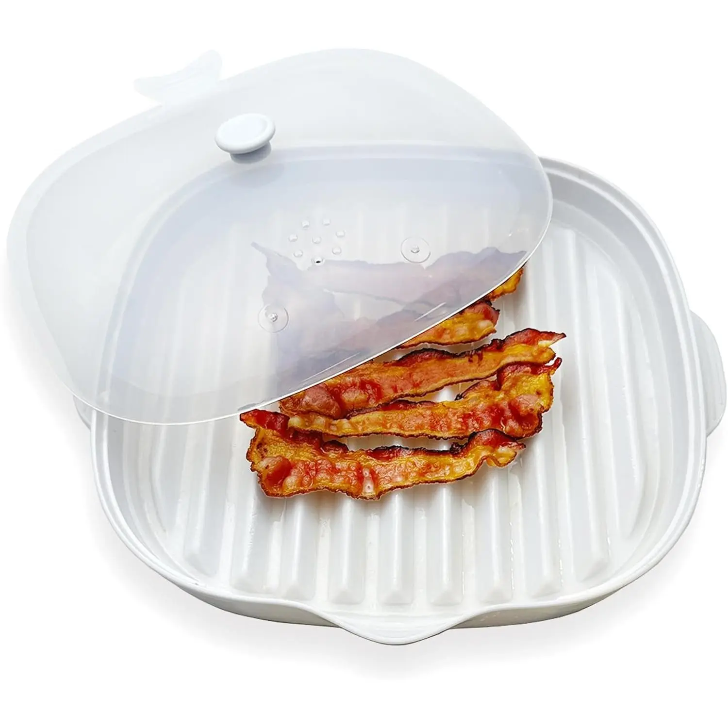 Microwave Bacon Cooker Tray, Splatter Lid, 1 Silicone Mat, Bacon Grill BPA Free, Make Crispy in Minutes, Length:9inch (White)
