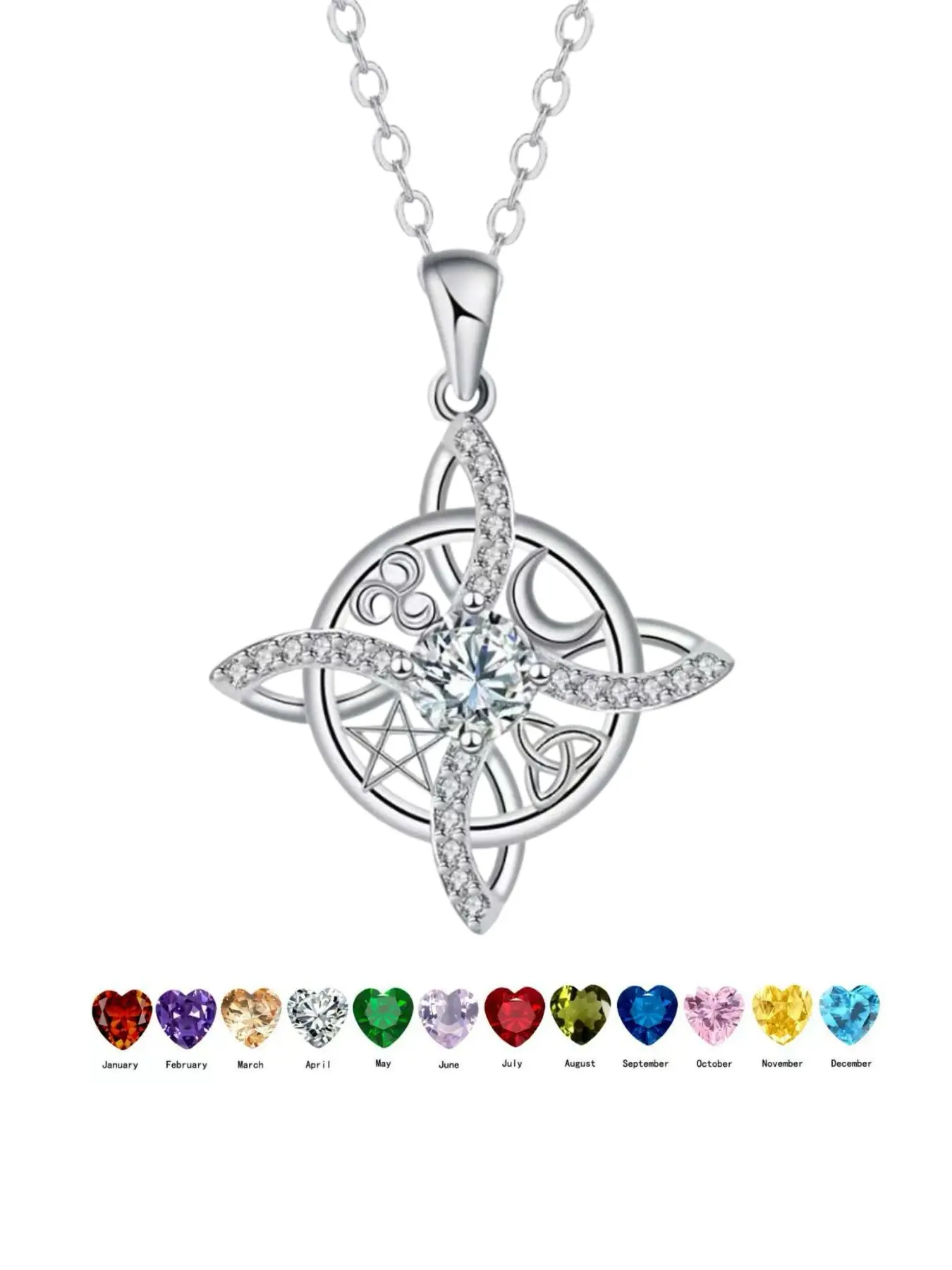 Pentagram Moon Birthstone Witch Knot Pendant Necklace – Irish Lucky Charm Amulet, Pagan Wiccan Jewelry Gift for Women