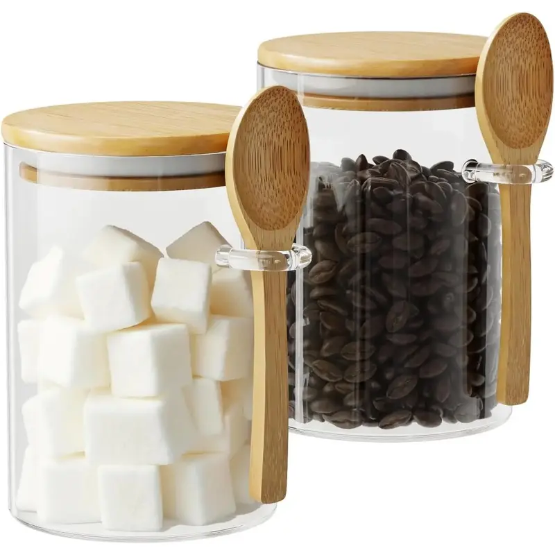 Glass Sugar Container with Spoon - 2 Pack 15oz Glass Jars with Bamboo Lid and Spoon, Bamboo Lid Storage Jar Canister for Coffee Beans, Spice, Brown Sugar, Tea, Flour, Nuts, Candy, Salts and More