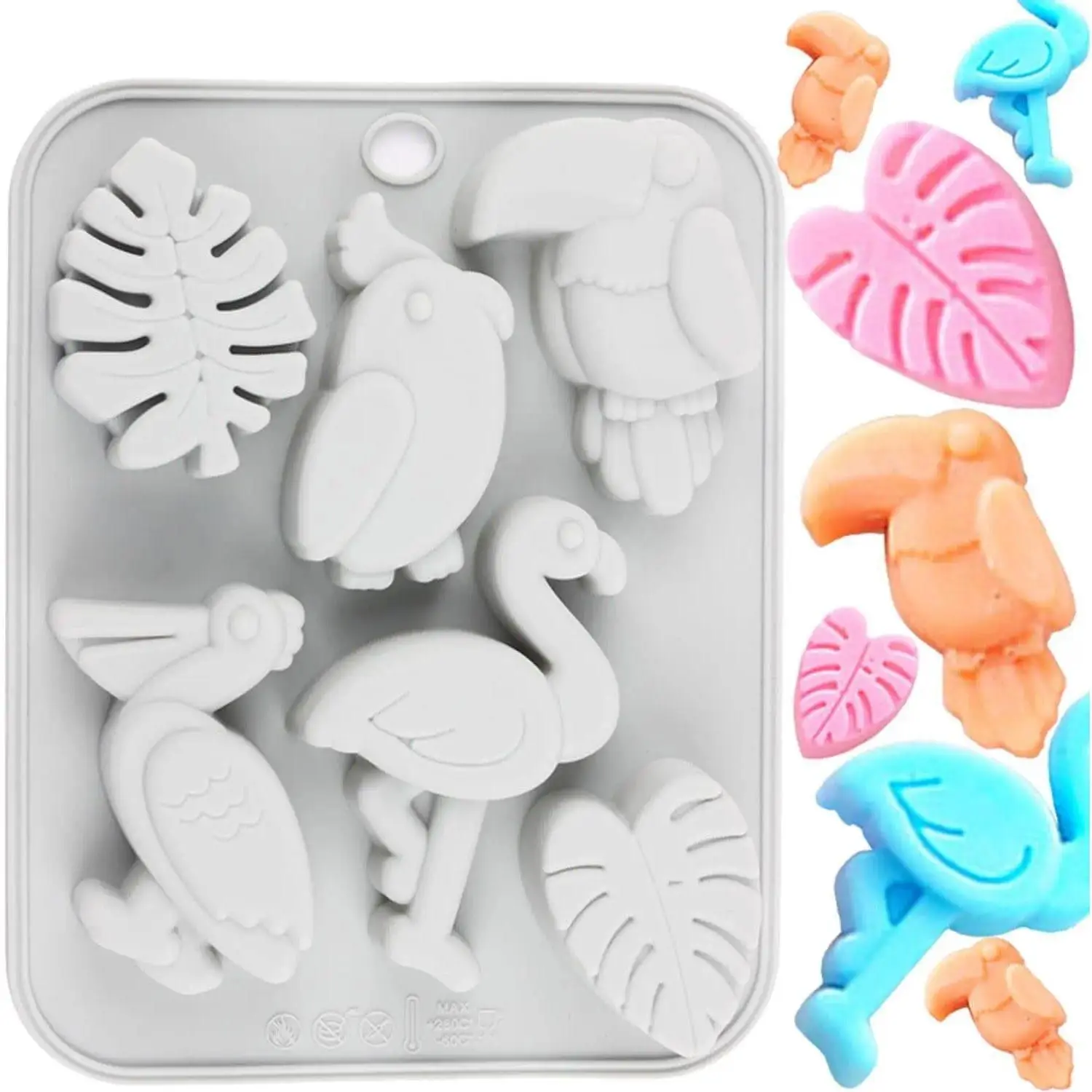 6 Cavity Tropical Theme Silicone Molds Turtle Tropical Theme Flamingo Woodpecker Chocolate Mold for Candy Chocolate Cake Decor