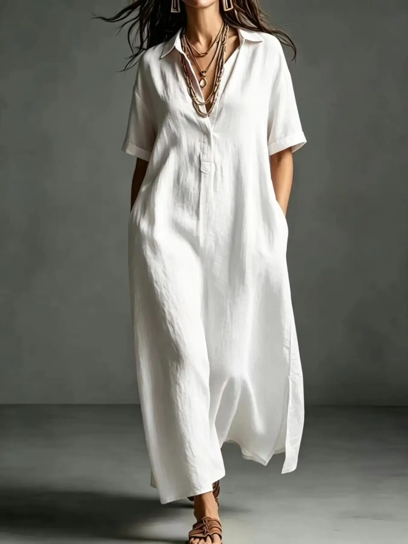 European and American Style Loose Breathable Long Dress, Boho Casual Fashion, Summer Short Sleeve Collar Half Open Front with Pockets, Side Split Vacation Dress