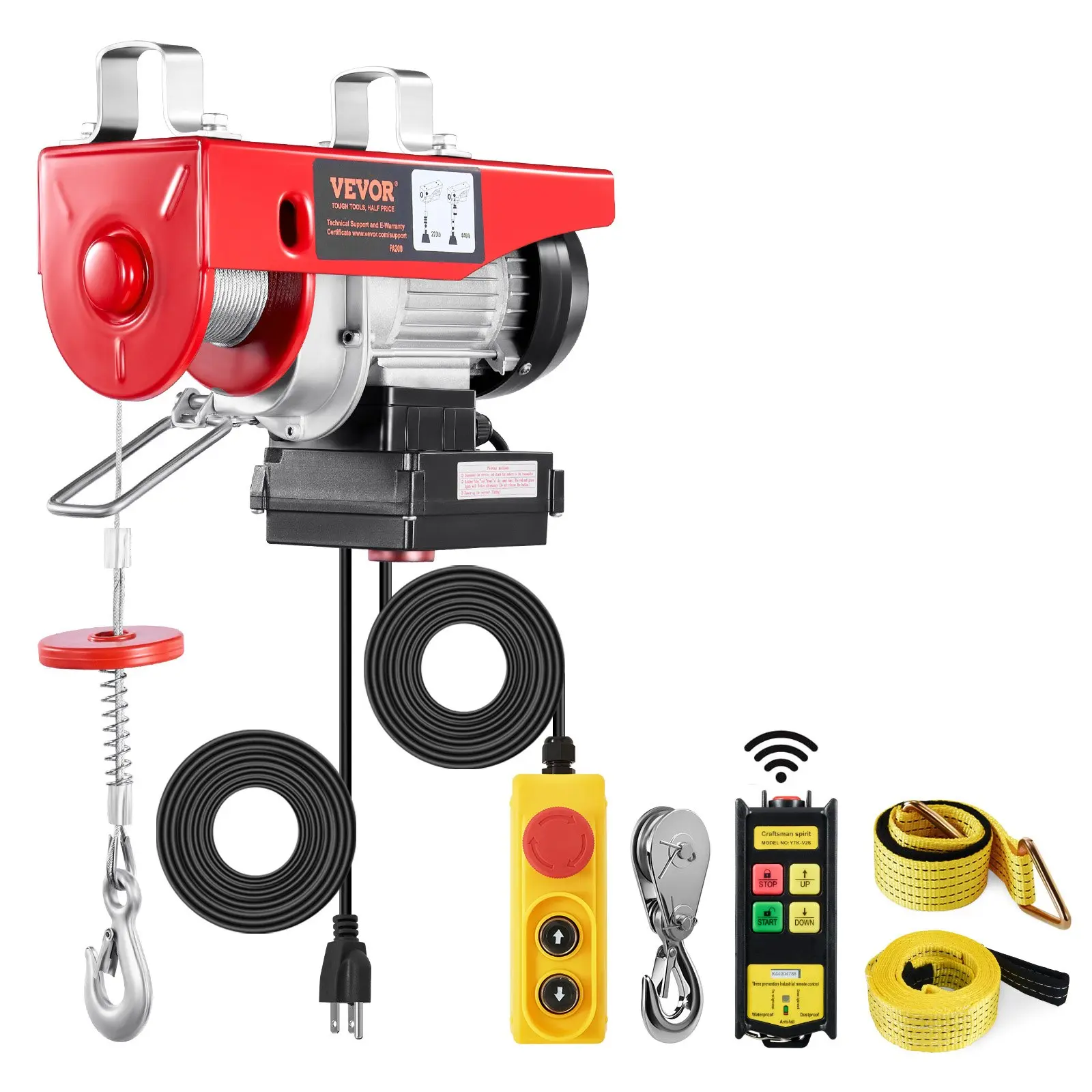 VEVOR Electric Hoist, 440 lbs 120V Electric Winch with 328 ft Wireless 14 ft Wired Remote Control, 40 ft Single Cable Lifting Height, Single/Double Slings, Lift Hoist for Garage Warehouse Factory