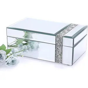 Glass Mirrored  Box with Crushed  Strip Decor, Luxury Trinket Box Organizer Decorative box Treasure Chest  Box for Women Girls