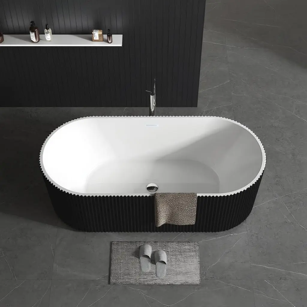 Modern Striped Acrylic Freestanding Bathtub, 67 Inch Deep Soaking Stand Alone Tub, Glossy White with Hidden Pop-Up Drain & Overflow, Luxury Bathroom Remodel – Classic White Finish
