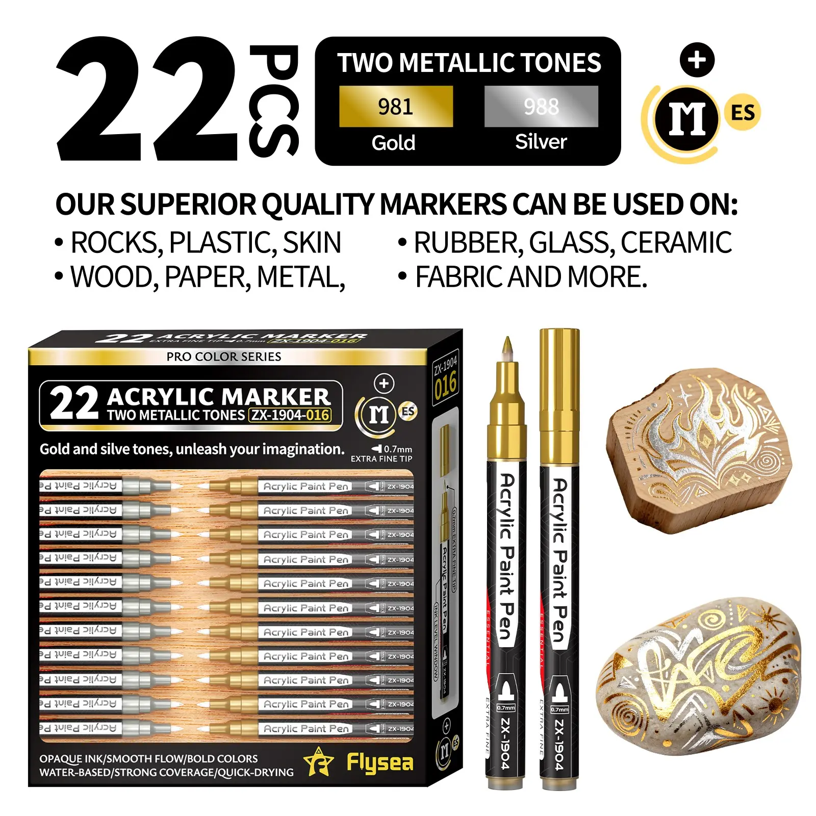 Flysea 22-Piece Acrylic Marker Pens Set, Gold Silver Colors, Ultra-Fine 0.7mm Tip, Ideal for Rock Glass Wood Metal Crafts