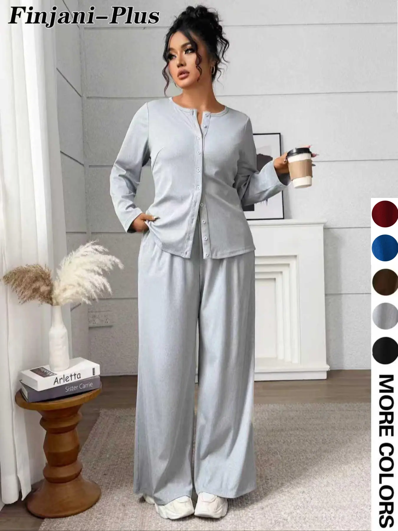 Plus Size 2 Piece Set for Women, Chocolate Button Front Top, High Waist Wide Leg Pants, Casual Comfy Loungewear