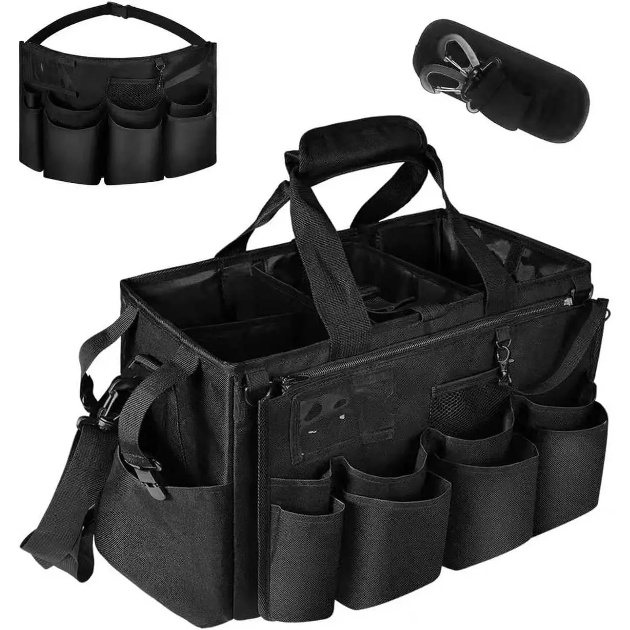 Black Large Heavy-Duty Tear-Resistant Wearable Cleaning Caddy Tote with Shoulder Strap, Handle Strap, Removable Divider, Organizing Pouch, Side Organizer - Multi Purpose Organizer for Housekeeping Storage, Portable Home Supply Bag