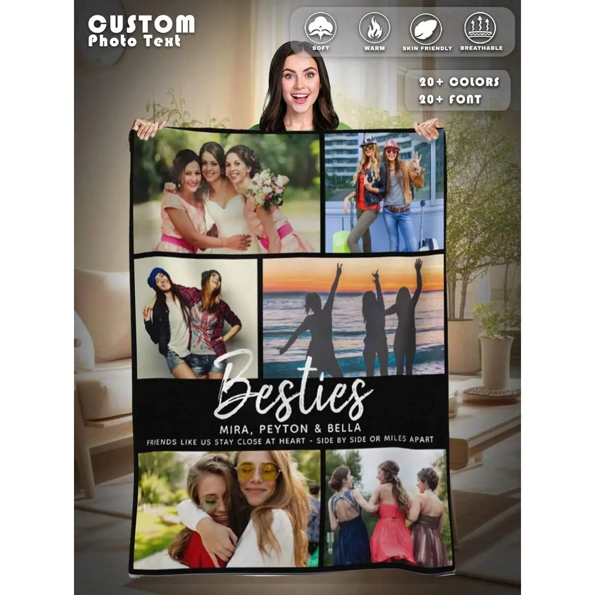 Custom 6-Photo Flannel Blanket with Friends Like Us Custom Text - Sentimental Gifts for BFF, Photo Collage Throw, Couch/Bed Decor, Couple-Themed Keepsake for Mira Peyton Bella (Birthday Graduation Present), Custom Text Blankets, Couple-Themed Blankets