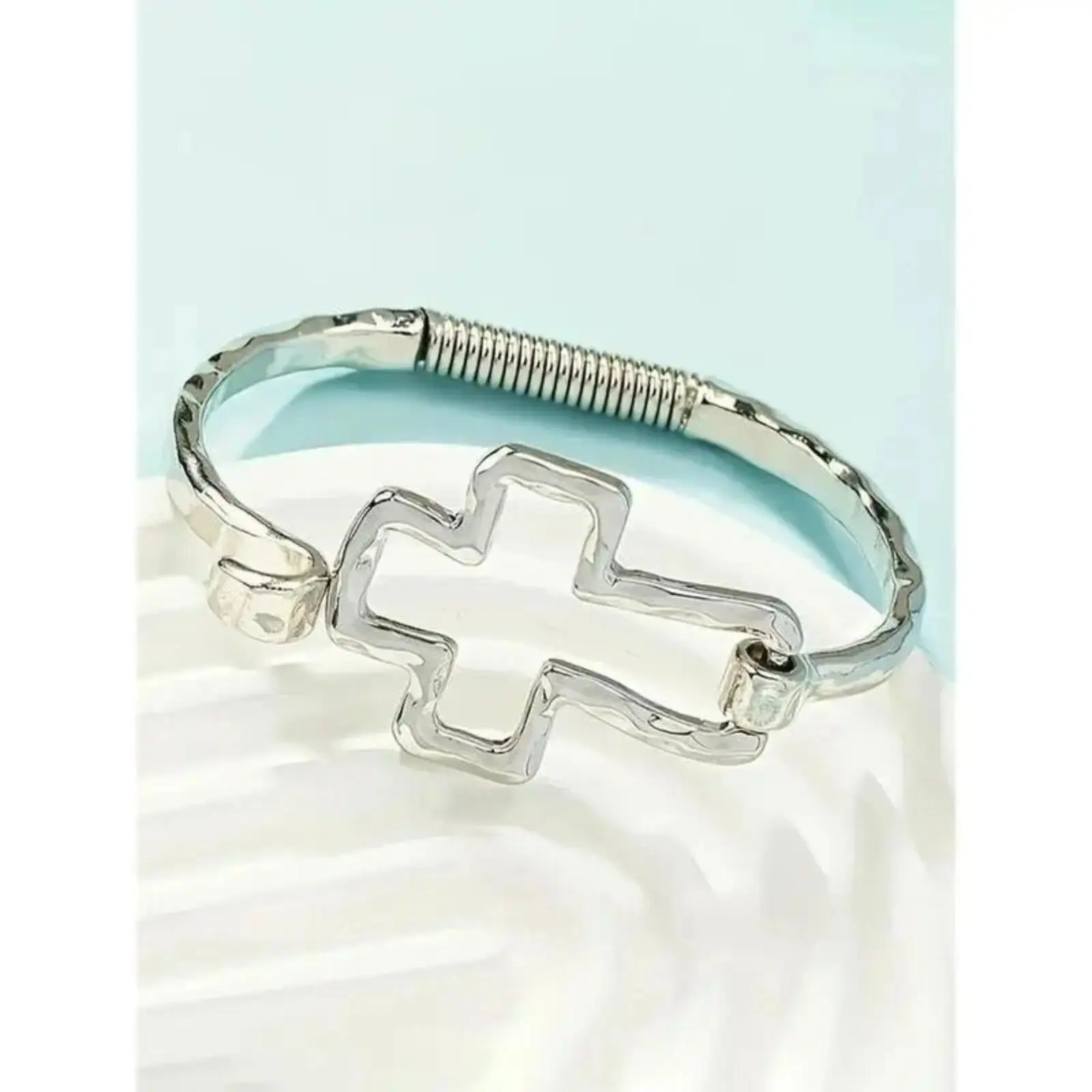 Cross Bangle Cuff for Women, Dainty Silver-Tone Zinc Alloy Jewelry with Faith Charm, Minimalist Stackable Design for Daily Wear, Stackable Bracelets, Cross Motif, Dainty Look, Stackable Cuff