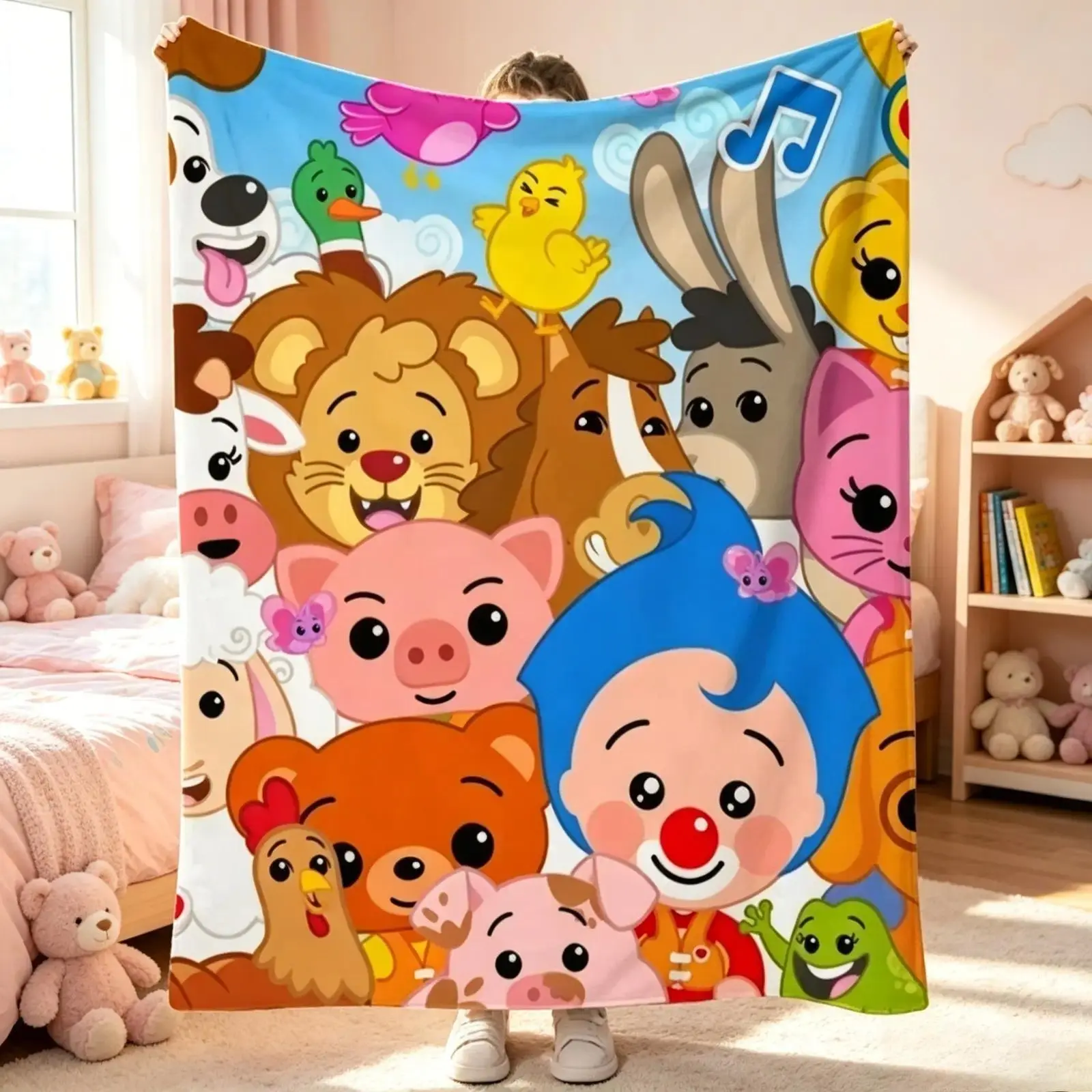 Cooling Flannel Blanket - Polyester, Cute Circus Animal Collage Print Motif, Bright Colors, Cooling Softness, Indoor Use Kids' Bedding Throw for Nursery Decor Gift