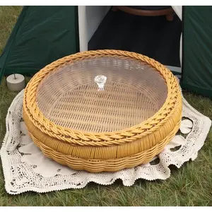 1-Pack Natural-Style Handwoven Faux-Rattan Round Basket with Lid – Light Brown PP Material with Polka-Dot Accents; Lightweight, Durable, Versatile Storage Basket, Durable Outdoor Storage; Ideal for Home, Camping, Holiday Decor, Gifting