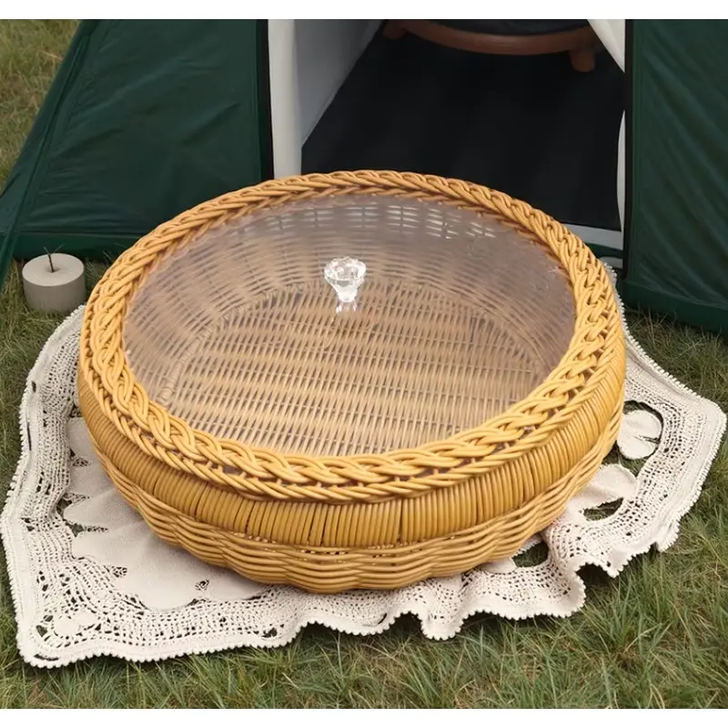 1-Pack Natural-Style Handwoven Faux-Rattan Round Basket with Lid – Light Brown PP Material with Polka-Dot Accents; Lightweight, Durable, Versatile Storage Basket, Durable Outdoor Storage; Ideal for Home, Camping, Holiday Decor, Gifting