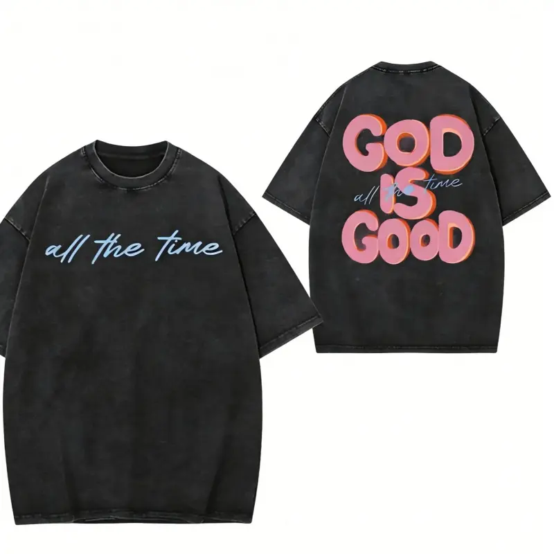 Unisex 230gsm Heavyweight Washed 100% Cotton T-Shirt - GOD IS GOOD Double-Sided Graphic Print, Retro Classic, Soft Loungewear, Oversized Loose Fit, Round Neck Short Sleeve, Gradient, Street Style, Matching Sports Top
