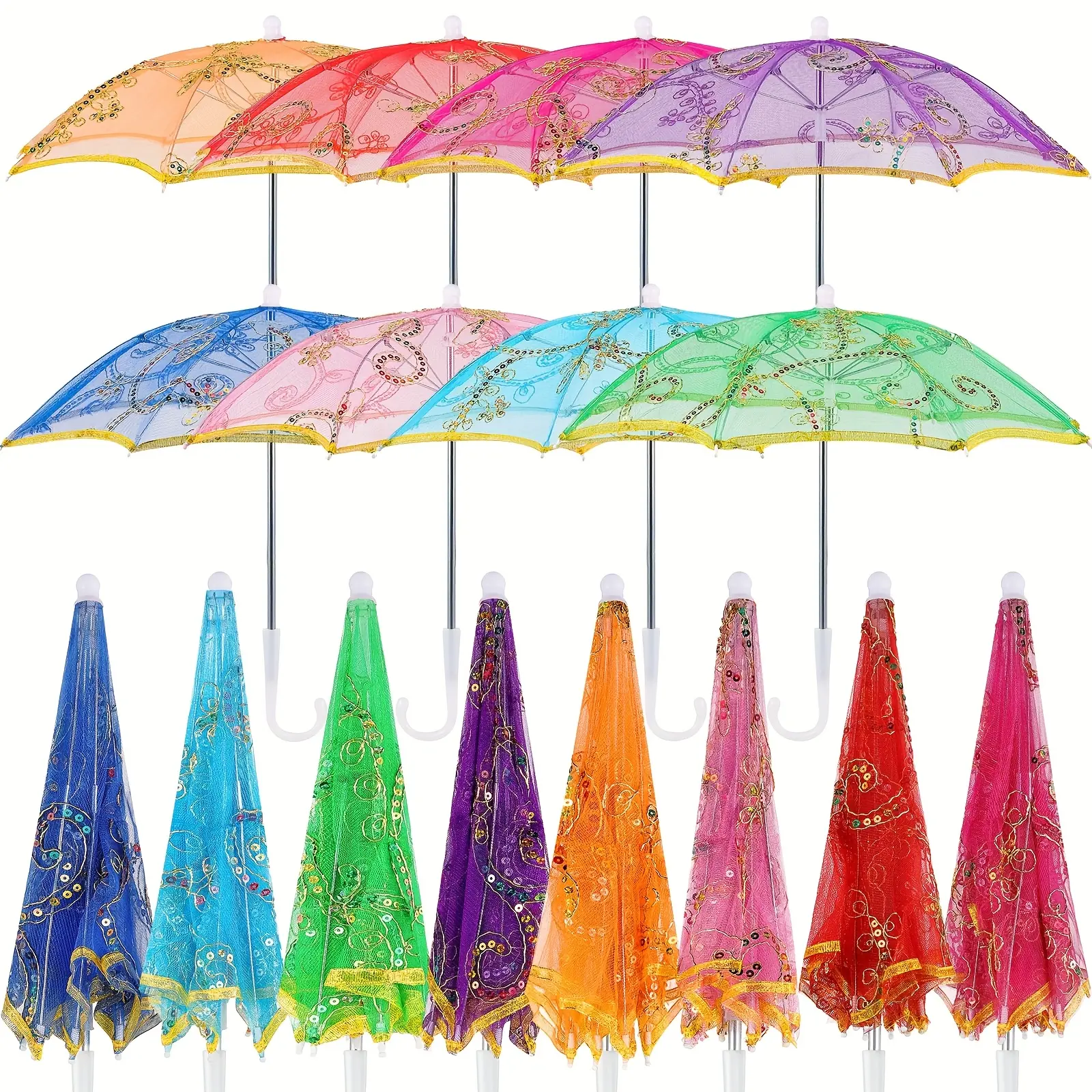 [8pcs Bohemian Umbrellas] 8pcs Handmade Designer Embroidered Bohemian Umbrellas, Multi-Color, Mini Craft Lace Umbrellas, 20.87 Inch, Ideal Wedding Party Decorations, Photography Props Decorative Umbrellas, Event Styling, Photo Shoot Props, Elegant