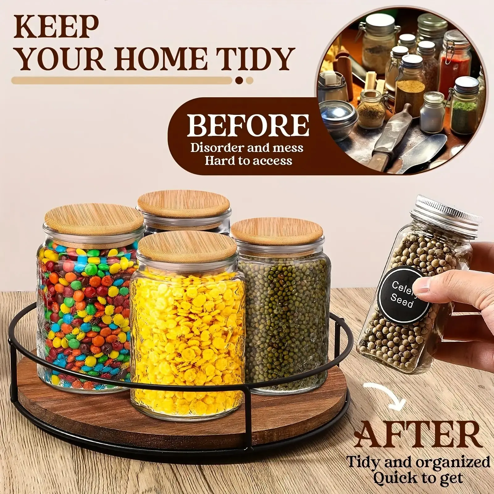 Rotating Wood and Iron Storage Organizer, 360° Turntable Countertop Organizer, Ideal for Kitchen and Bathroom, No Assembly Needed