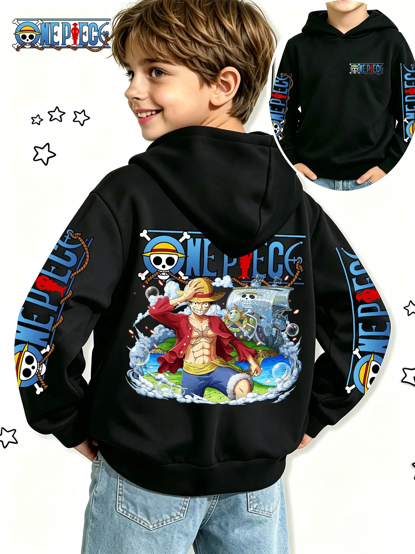 One Piece Official Boys' Anime Sweatshirt, Luffy Thousand Sunny Adventure Print, Spring Fall Casual Hoodie, Perfect Gift for Holidays