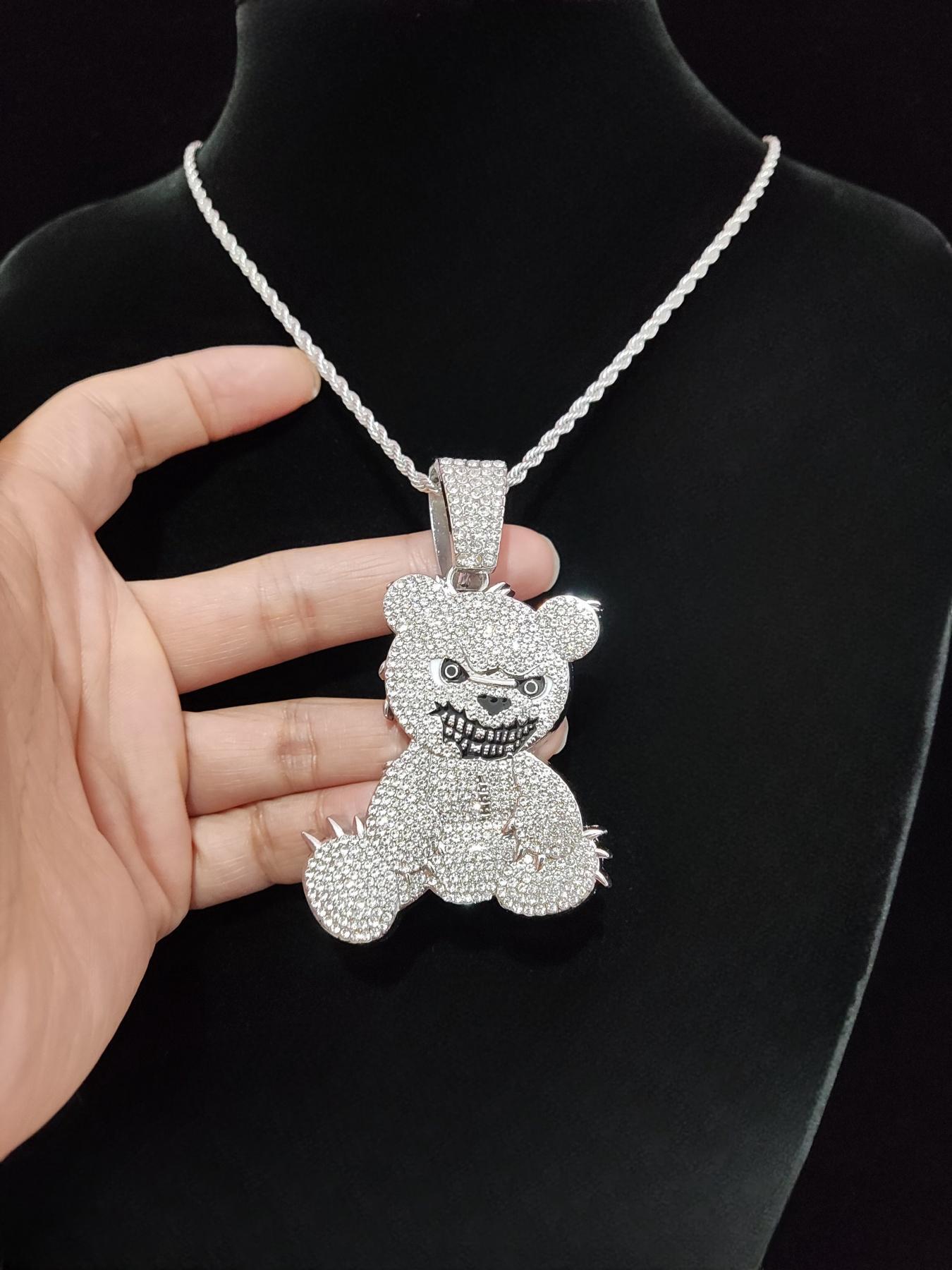 Unisex Punk Style Bear Pendant Necklace, Rhinestone Decor Cuban Chain Necklace, Fashion Jewelry for Party, Daily Decor, Bling Stylish Accessory, Jewelry for Birthday Gift, Valentine's Day, Cuban Link Chain, Necklaces Men, Statement Necklace