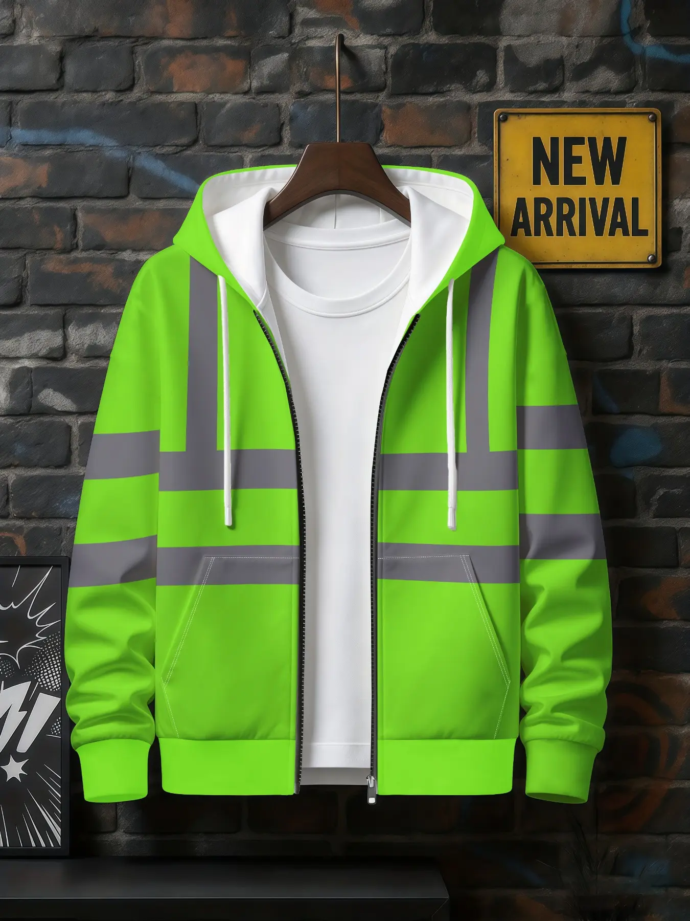 Men's High-Visibility Zipper Hooded Work Jacket, Bright Green Reflective Stripes, Ideal for Roadwork, Construction, Outdoor Jobs, Comfortable Breathable Fabric