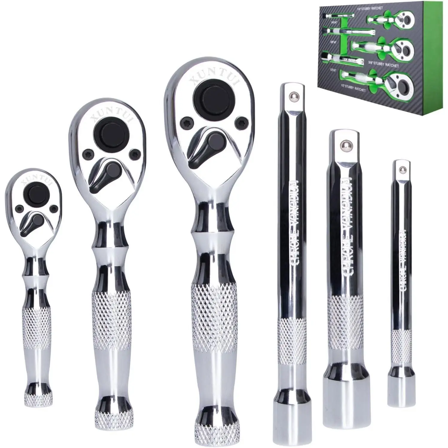 Stubby Ratchet Set, 1/4", 3/8" & 1/2" Drive, 90- | Quick-Release Reversible Ratchets with Extension Rod, Full-Polished Chrome Alloy Finish