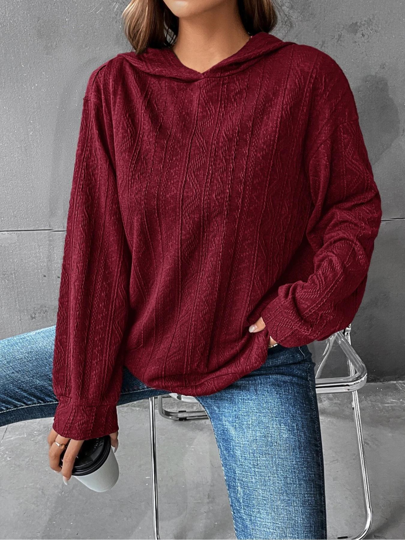 Plus Size Solid Color Hoodie Casual Long-Sleeve Hooded Sweatshirt, Casual Hooded Sweatshirts, Y2K Summer Daily Wear, Comfortable Relaxed Fit, Textured Knit Detail, Party Casual Wear