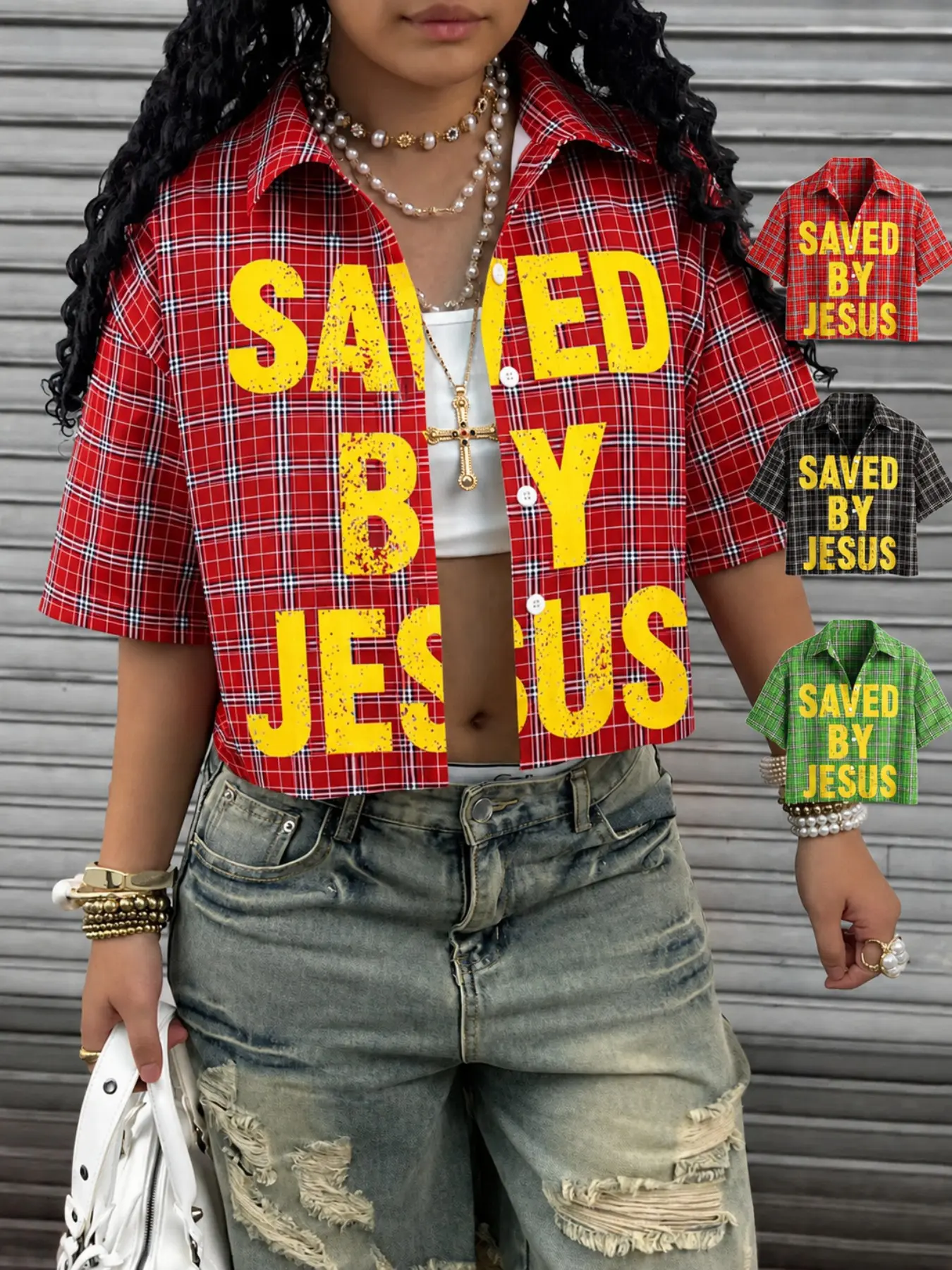 Women's Vintage Casual Plaid Button Front Collared Shirt, Button Down Shirts, Blouse, Button Up Blouses, Top, Letter Print, Short Sleeve, Fitted, Lightweight Breathable Fabric, All Seasons, Womenswear