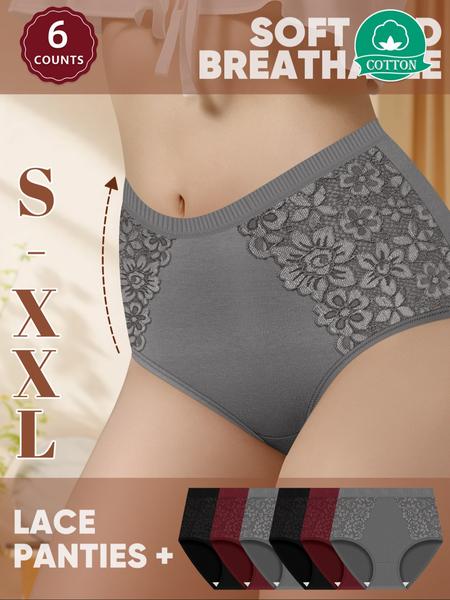 6Pack Cotton Women's High Waist Briefs with Lace Trim, Soft Breathable Shaping Underwear for All Seasons, Comfortable Fitted Women's Panties