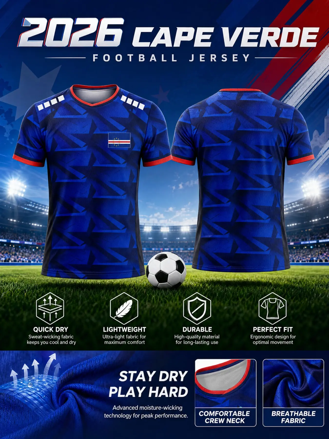 2026 Cape Verde National Team Home Soccer Jersey, Mesh Geometric Print, Crew Neck, Quick-Dry Lightweight Sportswear for Summer
