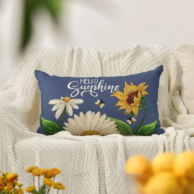 1pc Summer Style Long Pillowcase, Printed with Daisies, Sunflowers, Bees, and a "Sunshine" Slogan, Featuring a Fresh Blue-toned Holiday Vibe, Suitable for Sofa Soft Decoration. Pillow Cover Only, Pillow Insert Not IncludedDouble-sided printing design