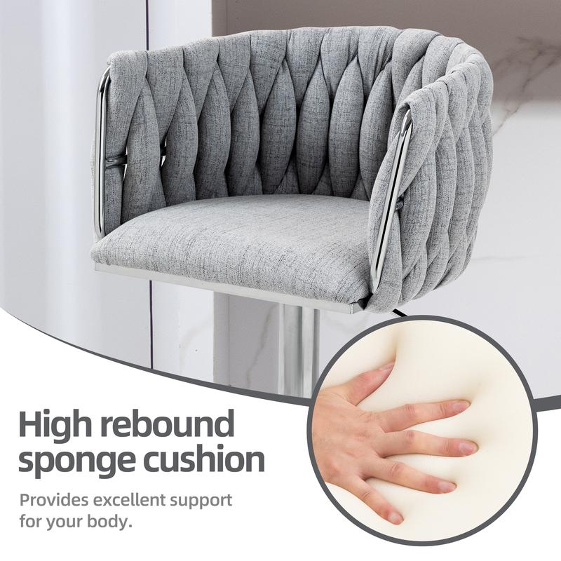 [Bellemave]360° Fabric cover Swivel Bar Stools Set of 2, Adjustable Counter Height Bar Chairs with Woven Back & Footrest,Silver chromed  Bar Stools for Kitchen Island, Cafe, Pub (Gray)