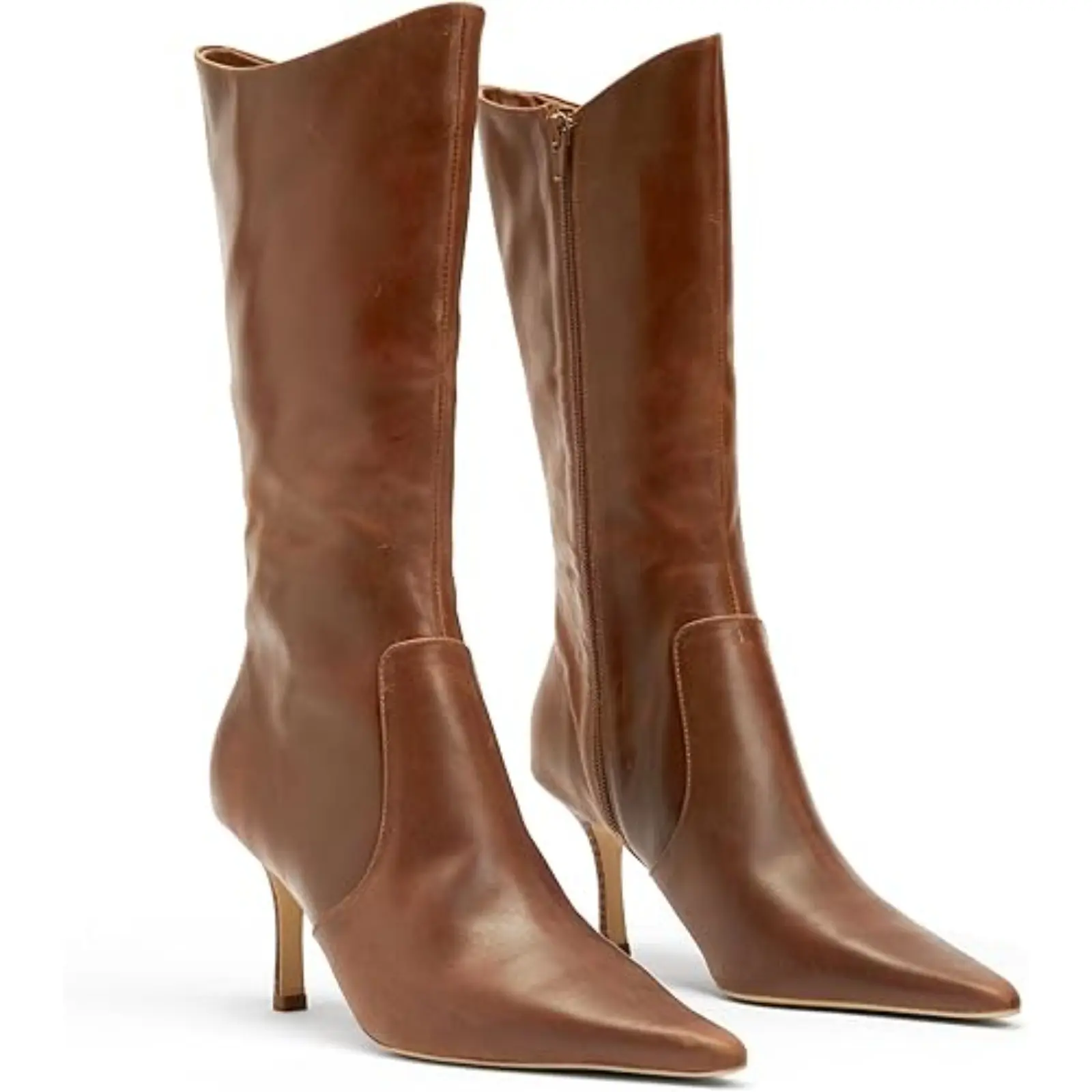Coutgo Womens Mid Calf Boots Pointed Toe High Heel Long Boots Side Zipper Winter Dress Shoes