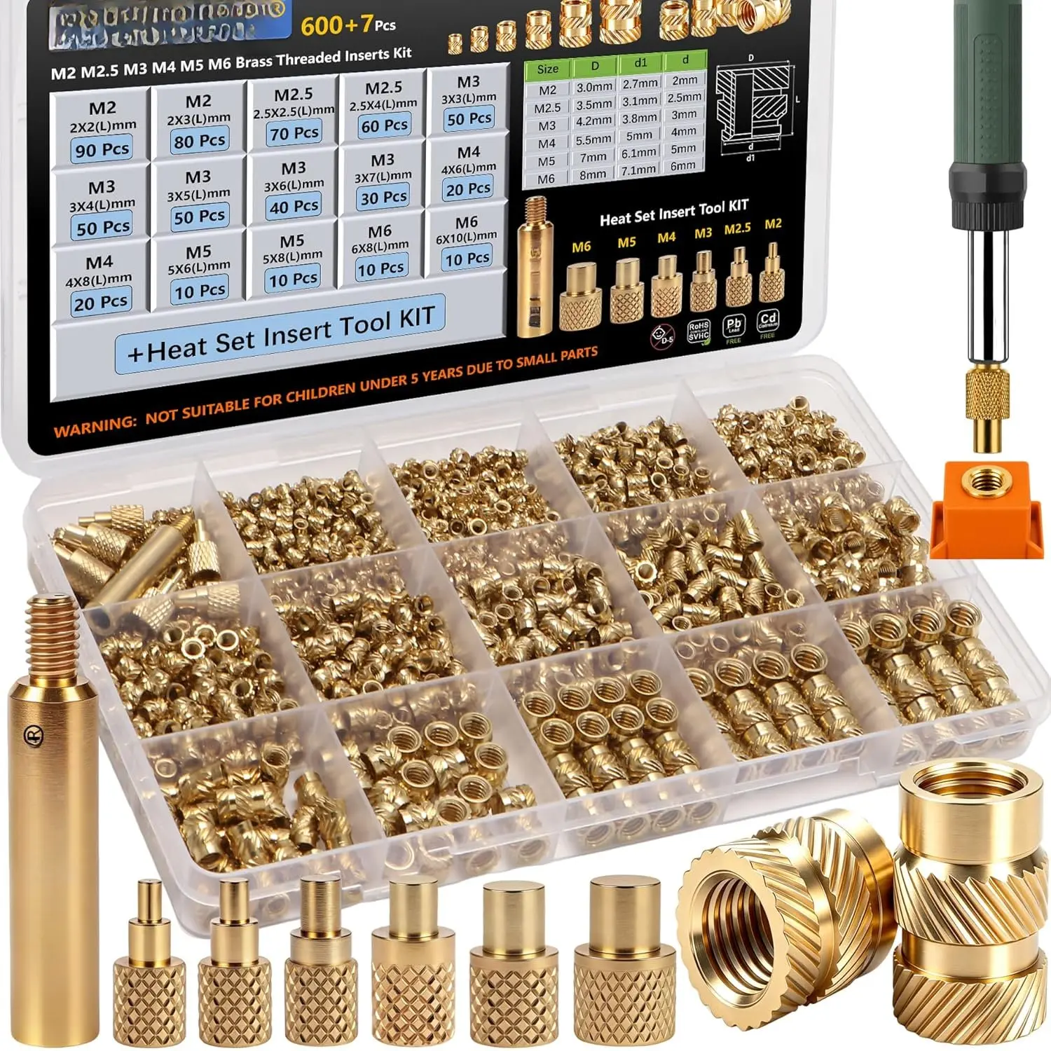 600+7Pcs M2 M2.5 M3 M4 M5 M6  Brass Threaded Inserts, Metric Brass Knurled Nuts  Kit with Heat Set Insert Tool for Plastic and  Printing Components – -in- Solution