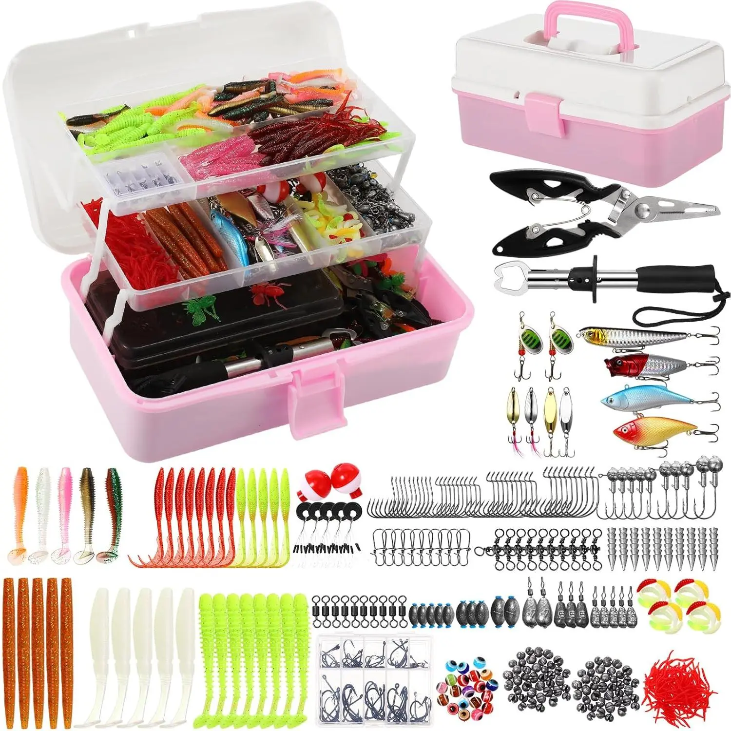 517 Pcs Father's Day Large 3 Layers Tackle Box with Tackle Fishing Lures Kit Included Pliers, Fish Lip Gripper, Crankbait, Hooks, Other Accessories Fishing Kit  Men Gifts(Pink White)