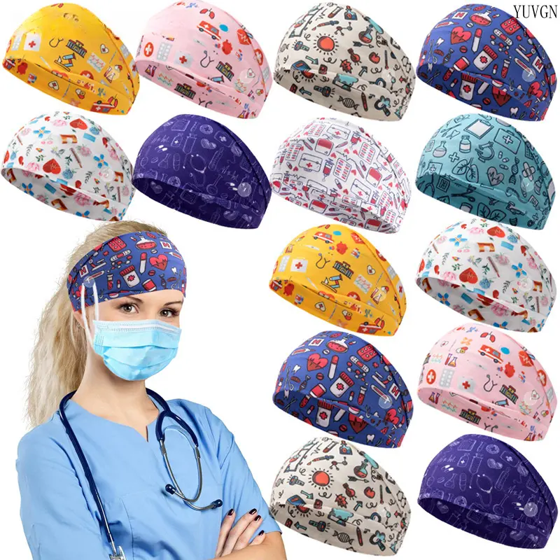 Medical Element Printed Work Cap, Adjustable Bouffant Scrub Hat, Breathable Stretchy Head Cover for Workplace Salon Hospital Daily Accessories