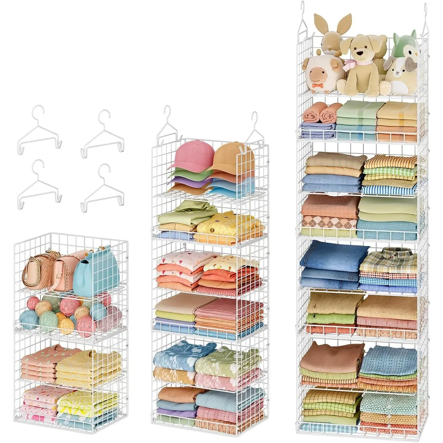 8 Tier Extended Width  Closet Organizer, Sweater Storage for Closet Organizer System, Stackable Wire Basket Bins for Clothes Purse Shoes,  Shelves with 4 Hooks & 4 Dividers Adjustable