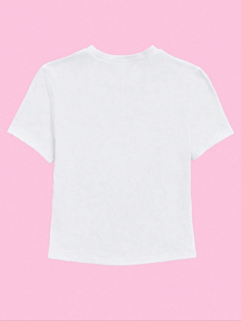 Women's Beverage Print Round Neck Crop Tee, Casual Short Sleeve Crew Neck T-shirt for Daily Wear, Summer Tops, Ladies Back To School Clothes for All Seasons