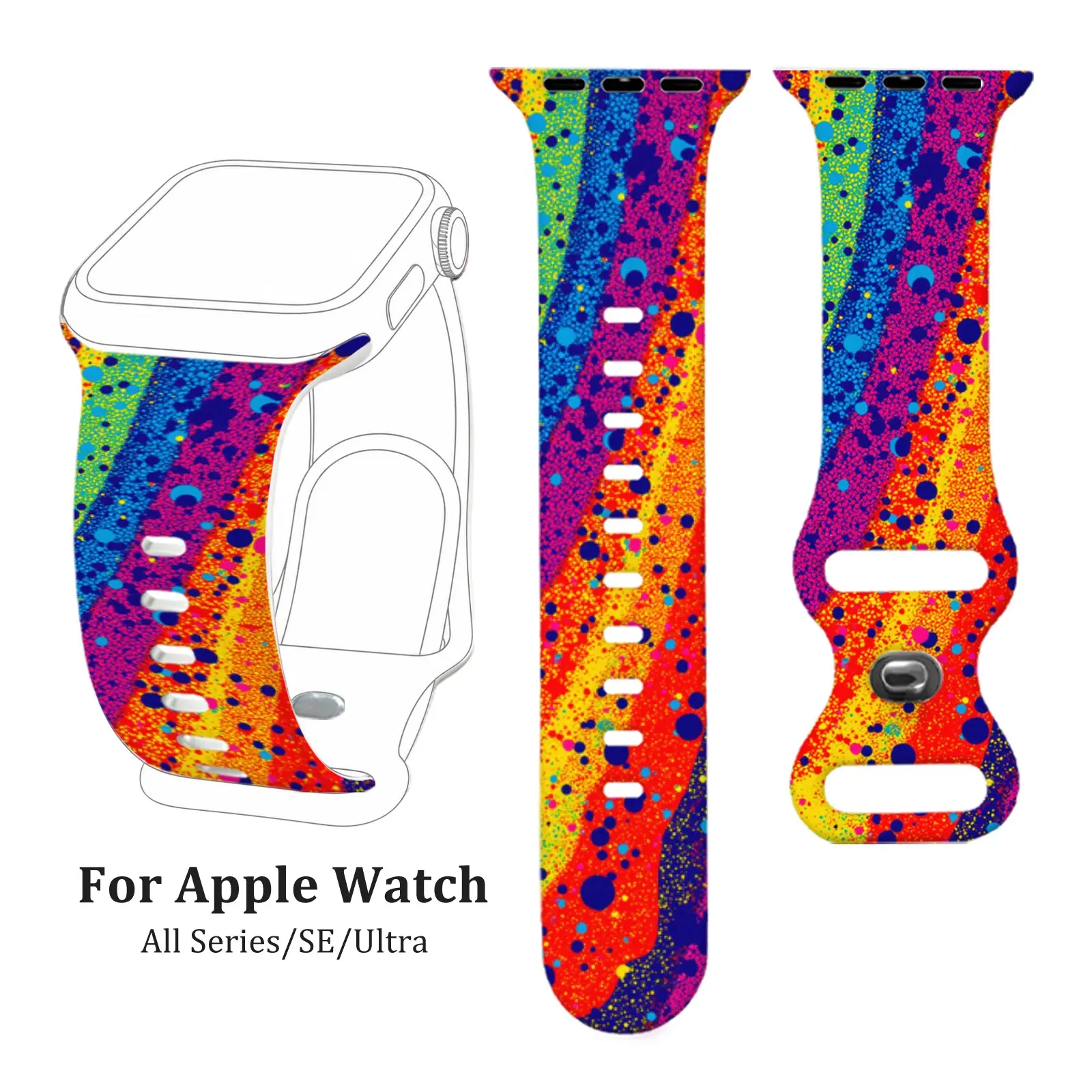 Rainbow Paint Splash for Apple Watch Women Men, Soft Silicone Sweat Resistant Easy to Clean Colorful Graffiti Strap Watch Straps Compatible with Apple Watch Series 4/5/6/7/8/9/10, SE1/2, Ultra1/2/3, Trendy Sport Wristband Gift Band, Smartwatch Accessories