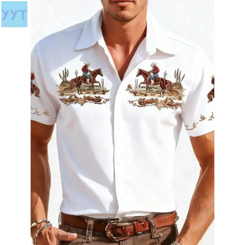YYT1 Men's Western Cowboy Casual Printed Short Sleeve Collared Shirt, Vintage Classic Desert Horse Cactus Pattern, Casual Button-Up Shirt, Retro Cowboy Style Top, Country Shirt