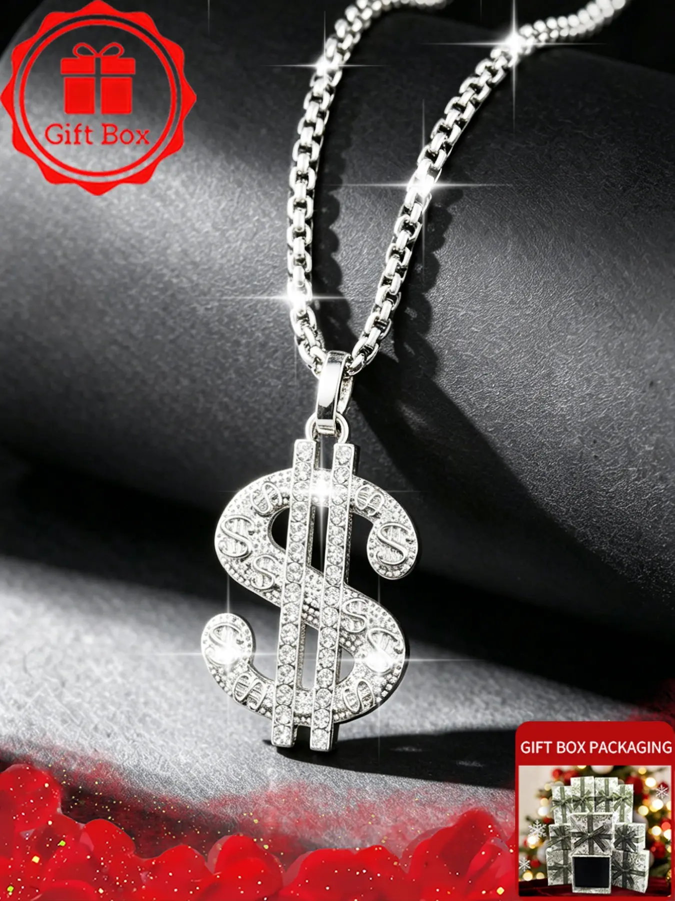 Dollar Sign Necklace, Statement Necklace, Link Chain Necklace with Gift Box, Vintage Silver Money Choker, Gothic Punk Iced Out Crystal Shape Jewelry for Men Women, Unisex Rapper Outfits Accessories, Birthday Christmas Gift for Boyfriend Brother