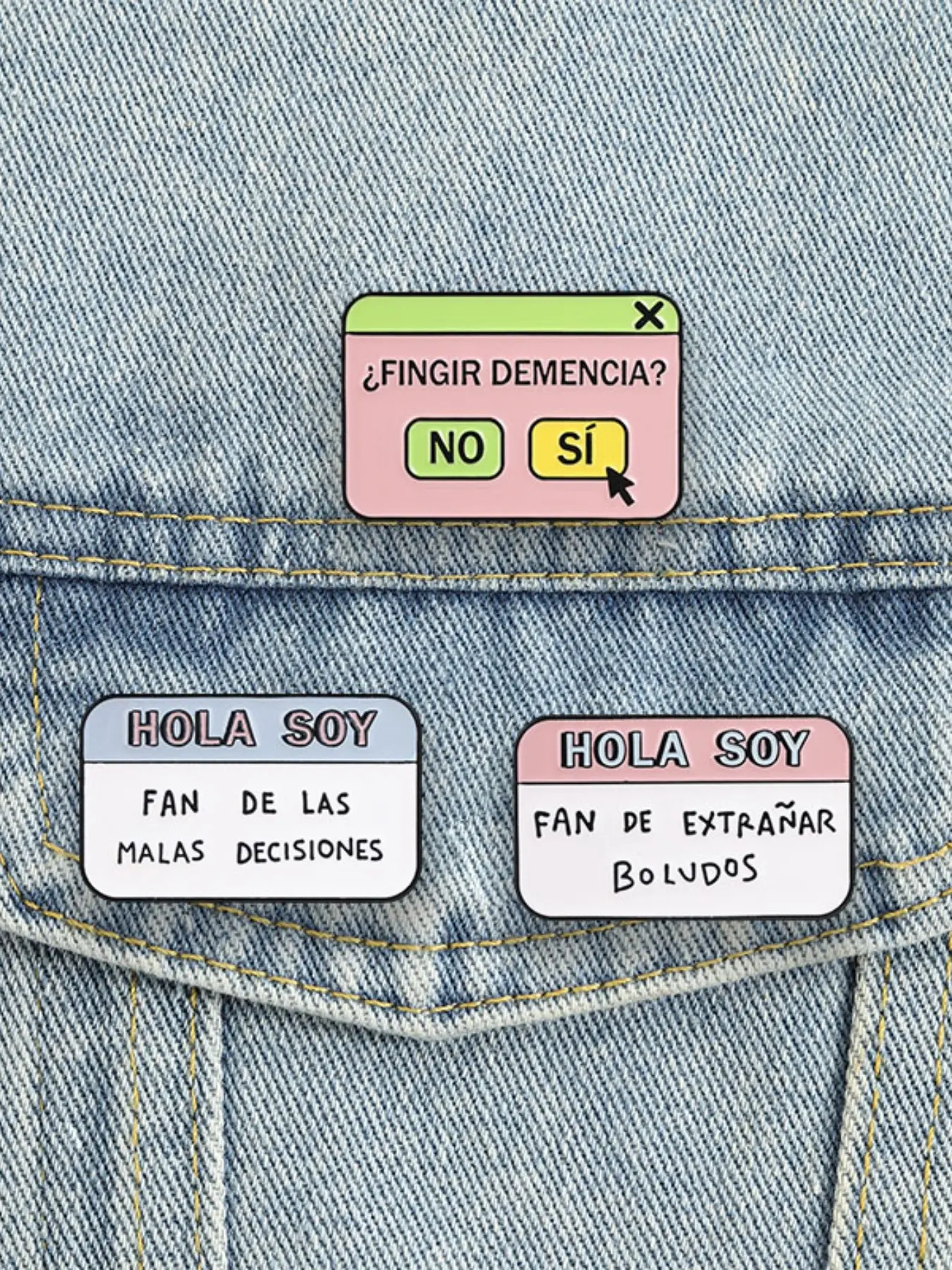 3PCS Spanish Self Deprecating Name Tag Cartoon Pin Set, Fingir Demencia Computer Pop Up Spanish Computer Pop Up Design Brooch , for Spanish Speakers Meme Lovers Backpack Jacket Decoration Gift