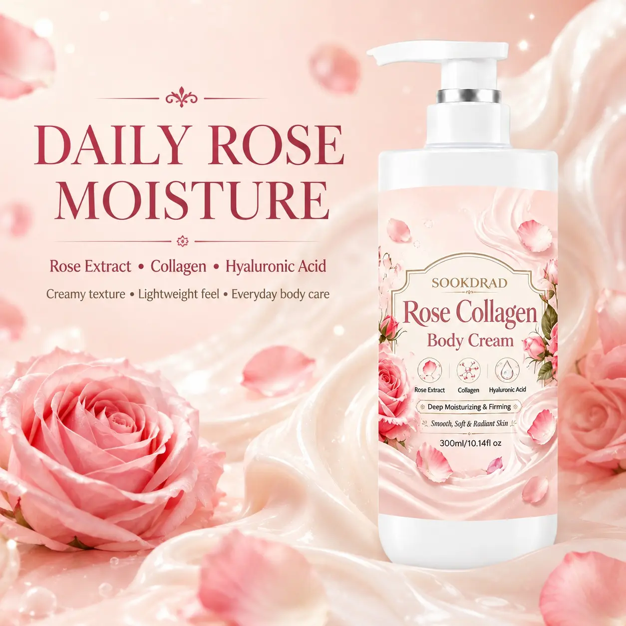 Rose Collagen Body Cream, Rose Extract, Collagen, Hyaluronic Acid, Deep Moisturizing, Firming, Body, Smooth, Soft, Radiant Skin, 300ml/10.14fl oz